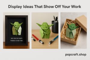 Advanced paper Yoda origami model in brown and green